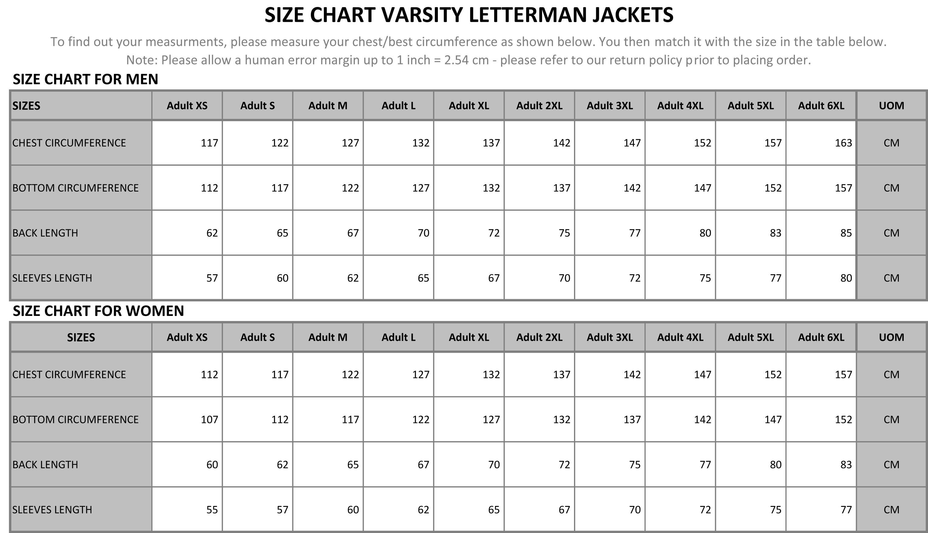 Letterman Jacket Size Chart