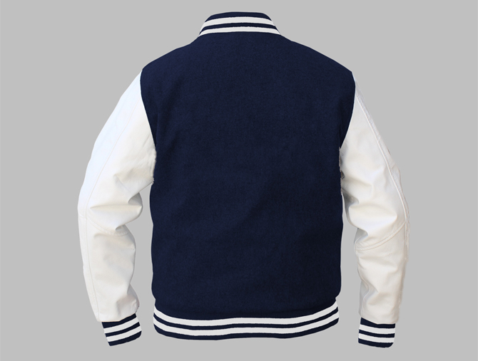 custom varsity jacket navy wool bodey white leather sleeves back