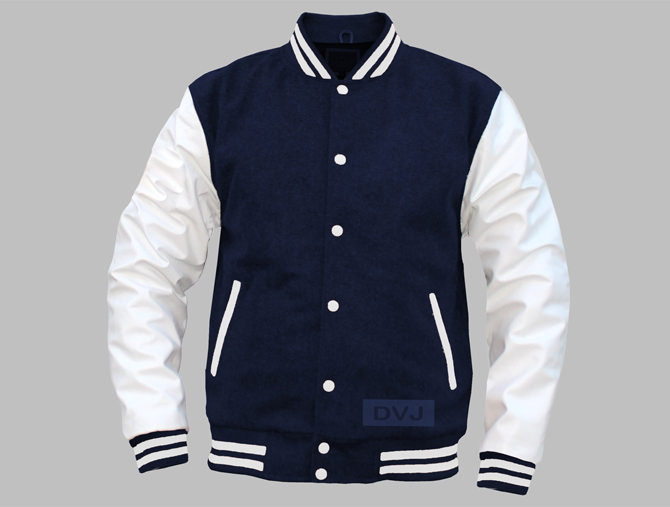 custom varsity jacket navy wool bodey white leather sleeves front