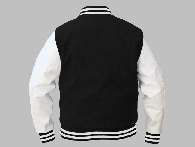 varsity jacket black wool white leather back