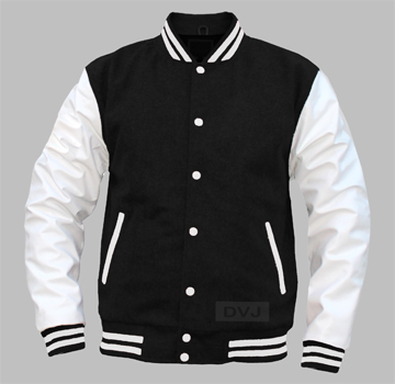 varsity jacket black wool white leather