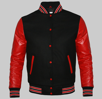 Custom Varsity Jacket for women made of black wool and red genuine leather