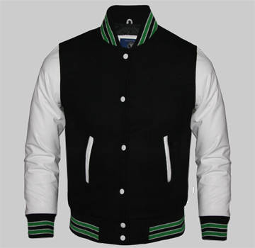Varsity Letterman Green Wool & Genuine White Leather Sleeves Jacket Sizes XS~7XL 