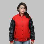 Women Varsity Jacket red wool body and black leather sleeves