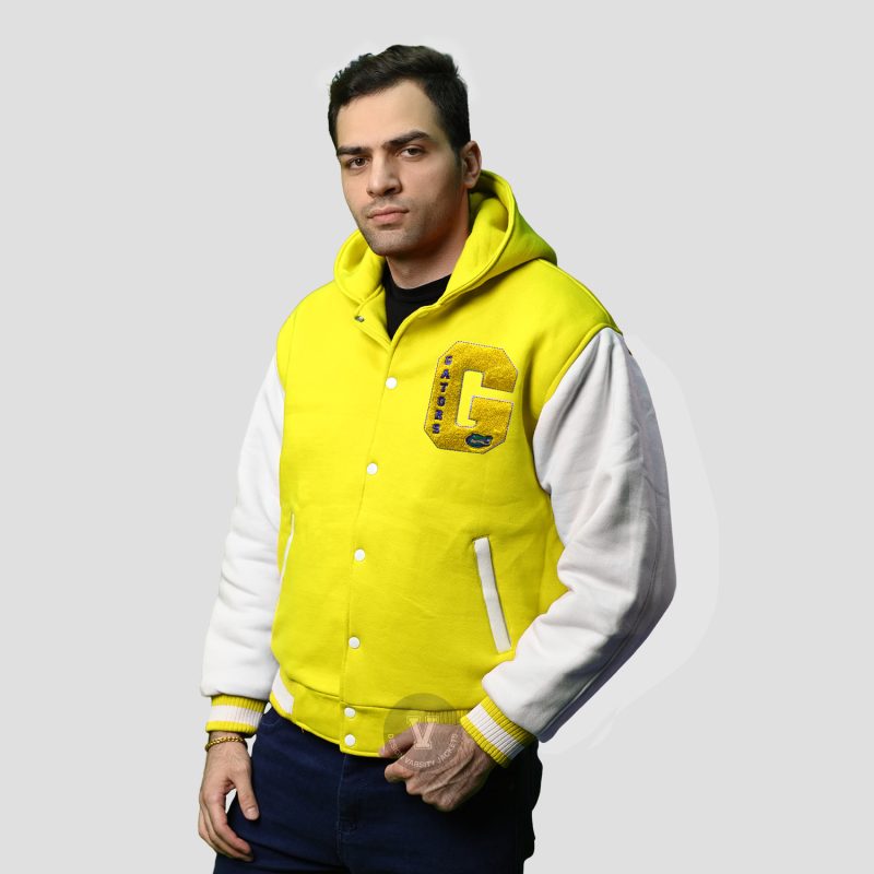 yellow and white letterman jacket