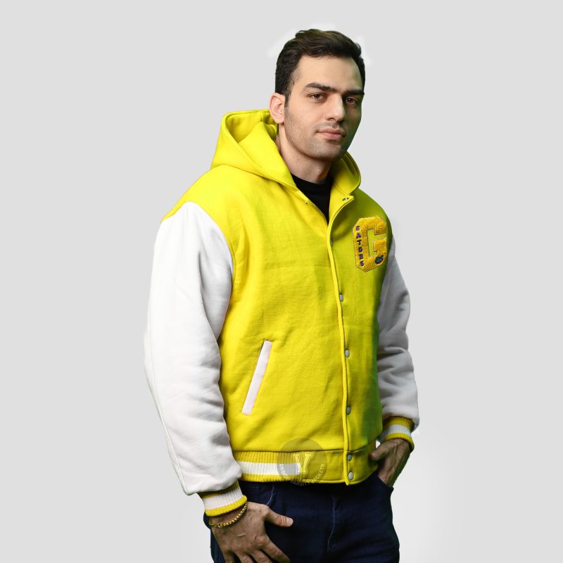 yellow and white letterman jacket