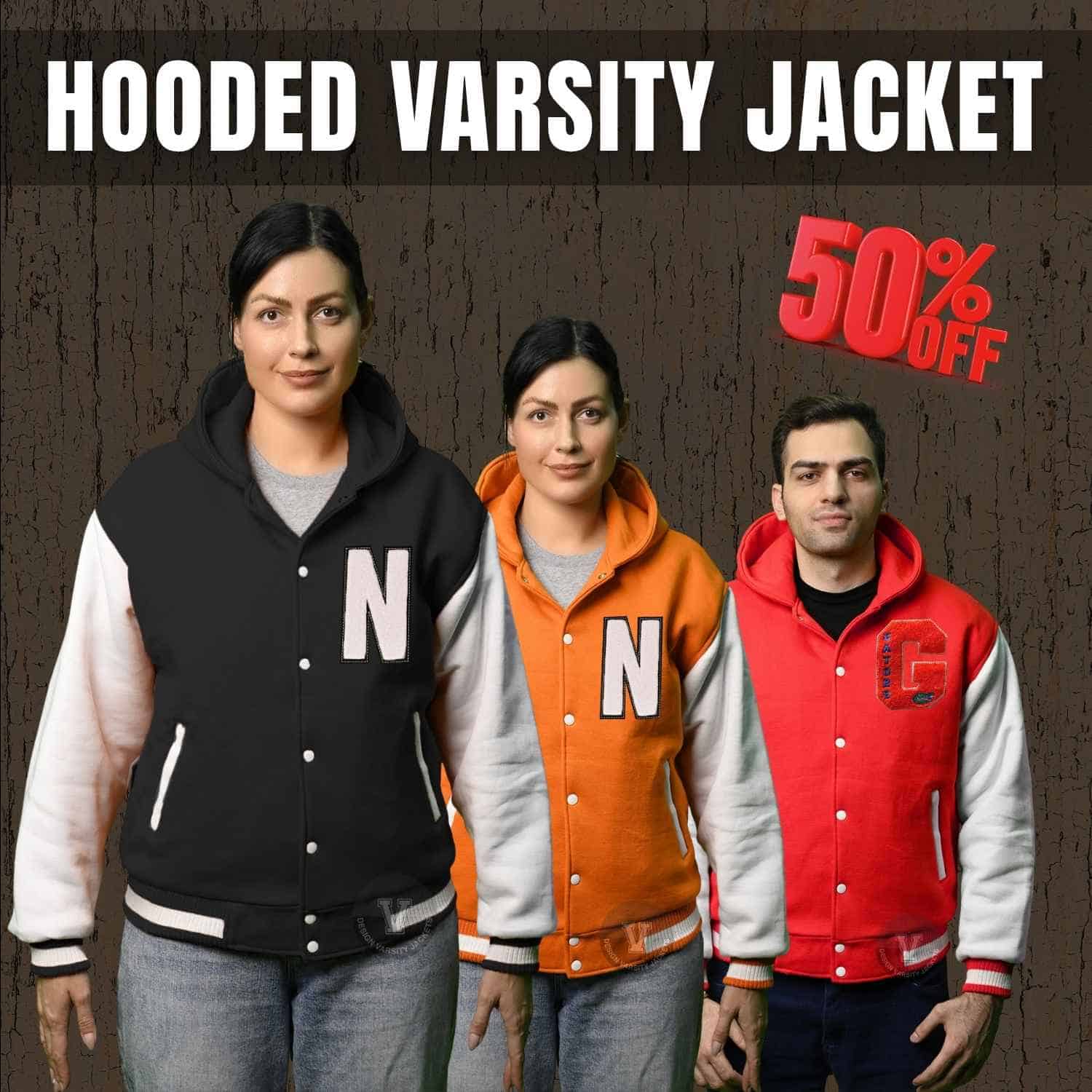 hooded varsity jacket with leather sleeves