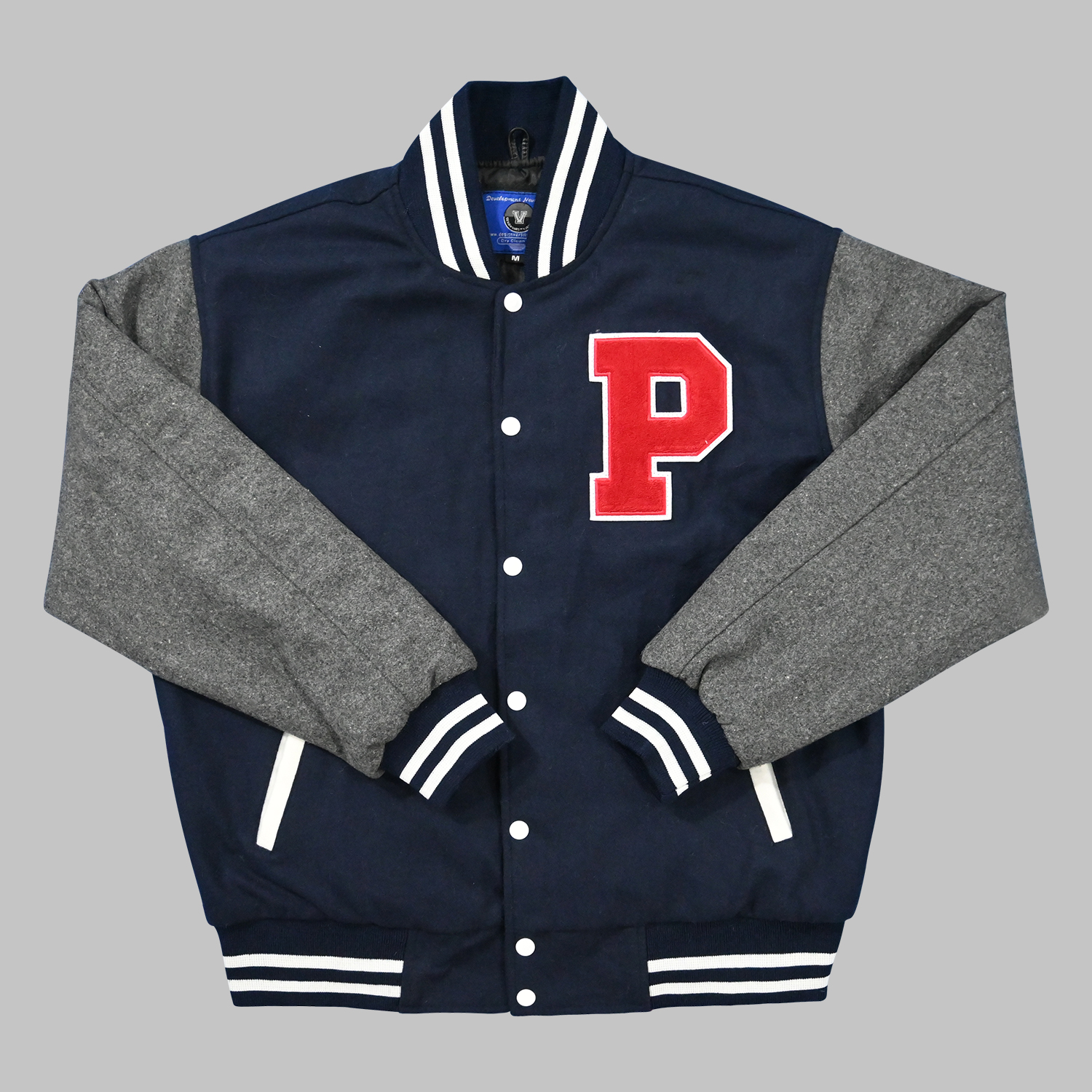 Varsity Jacket Blue and Grey front