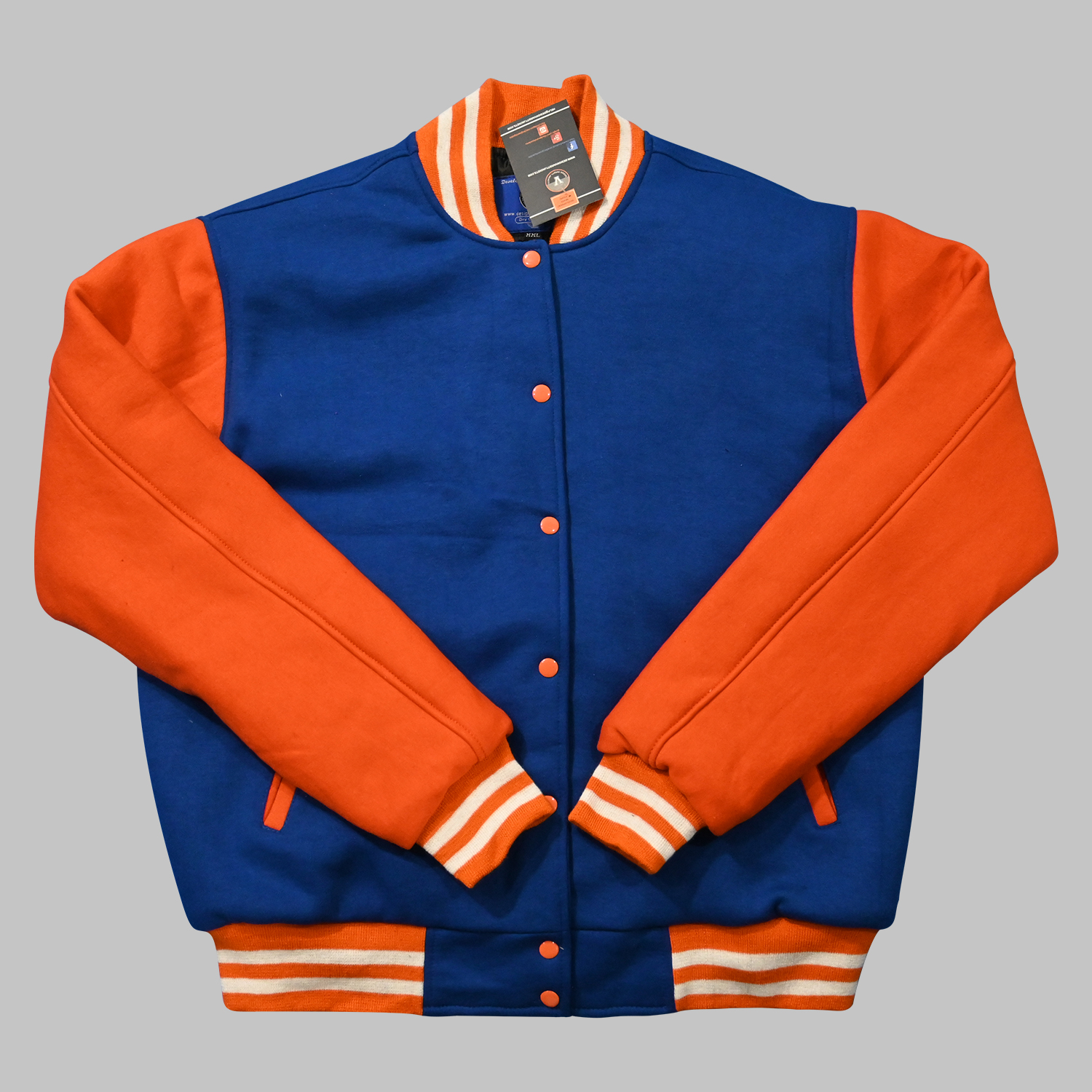 Blue and Orange Letterman Jacket front