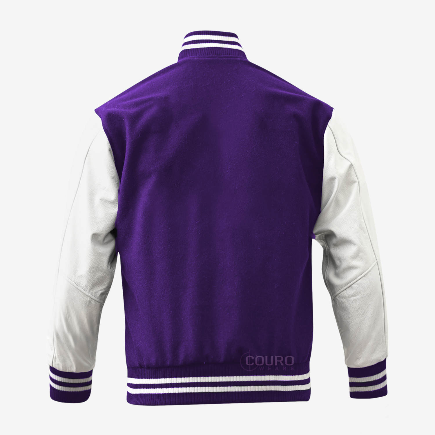 purple and white varsity jacket
