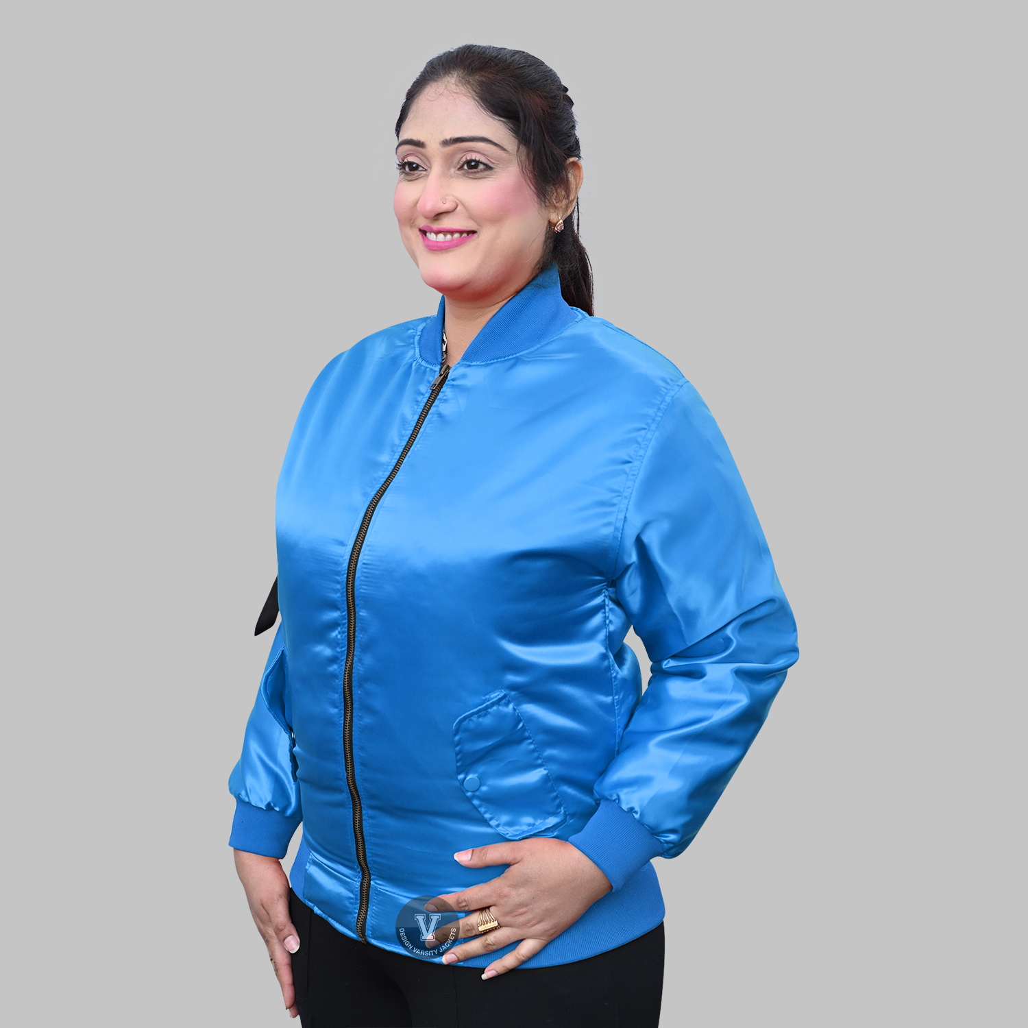 Sky Blue Bomber Jacket – Satin Varsity Meets Modern Streetwear