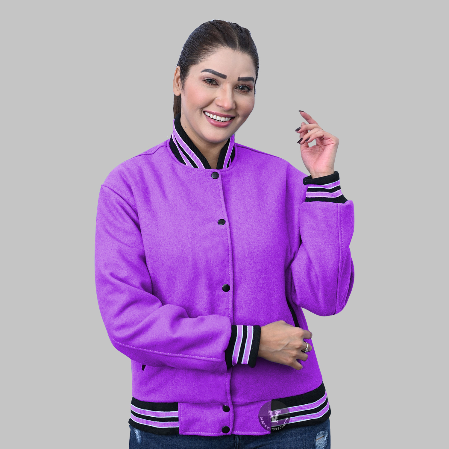 Purple Varsity Jacket Women front