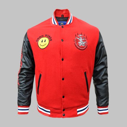 Custom Patches Varsity Jacket Front View – Personalized Letterman Jacket with Embroidered Logos