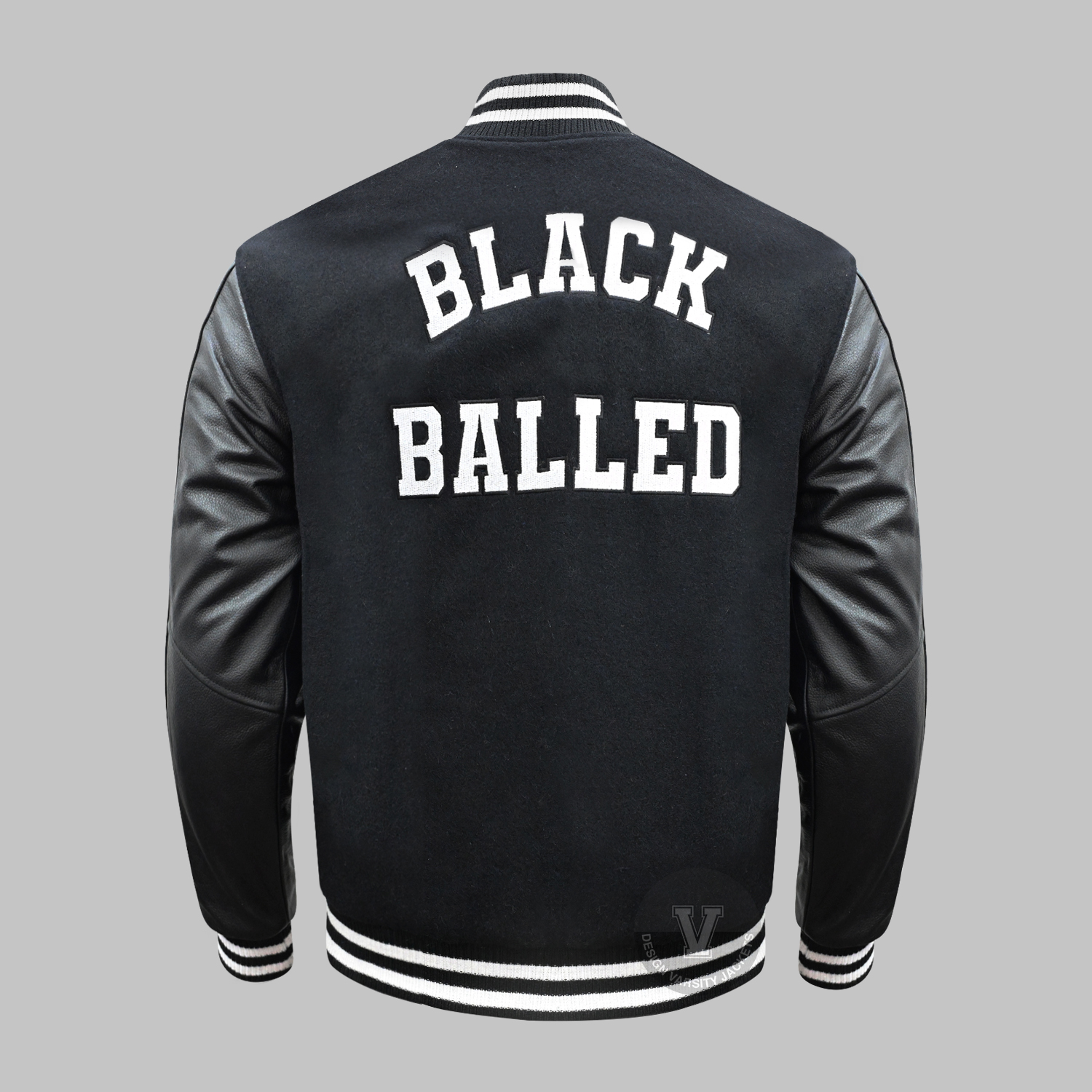 Custom embroidered letterman jacket back view