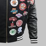 Detailed close-up of embroidered logo and chenille patch and ribs front view