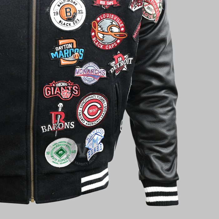 Detailed close-up of embroidered logo and chenille patch and ribs front view