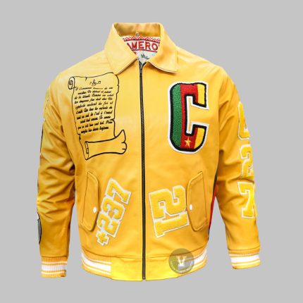 Front view of embroidered patches varsity jacket in wool and leather design