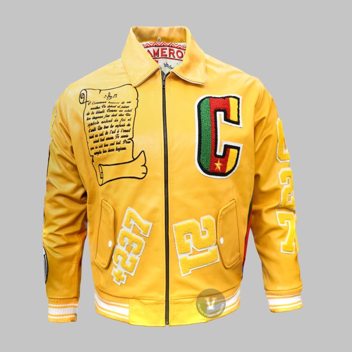 Front view of embroidered patches varsity jacket in wool and leather design