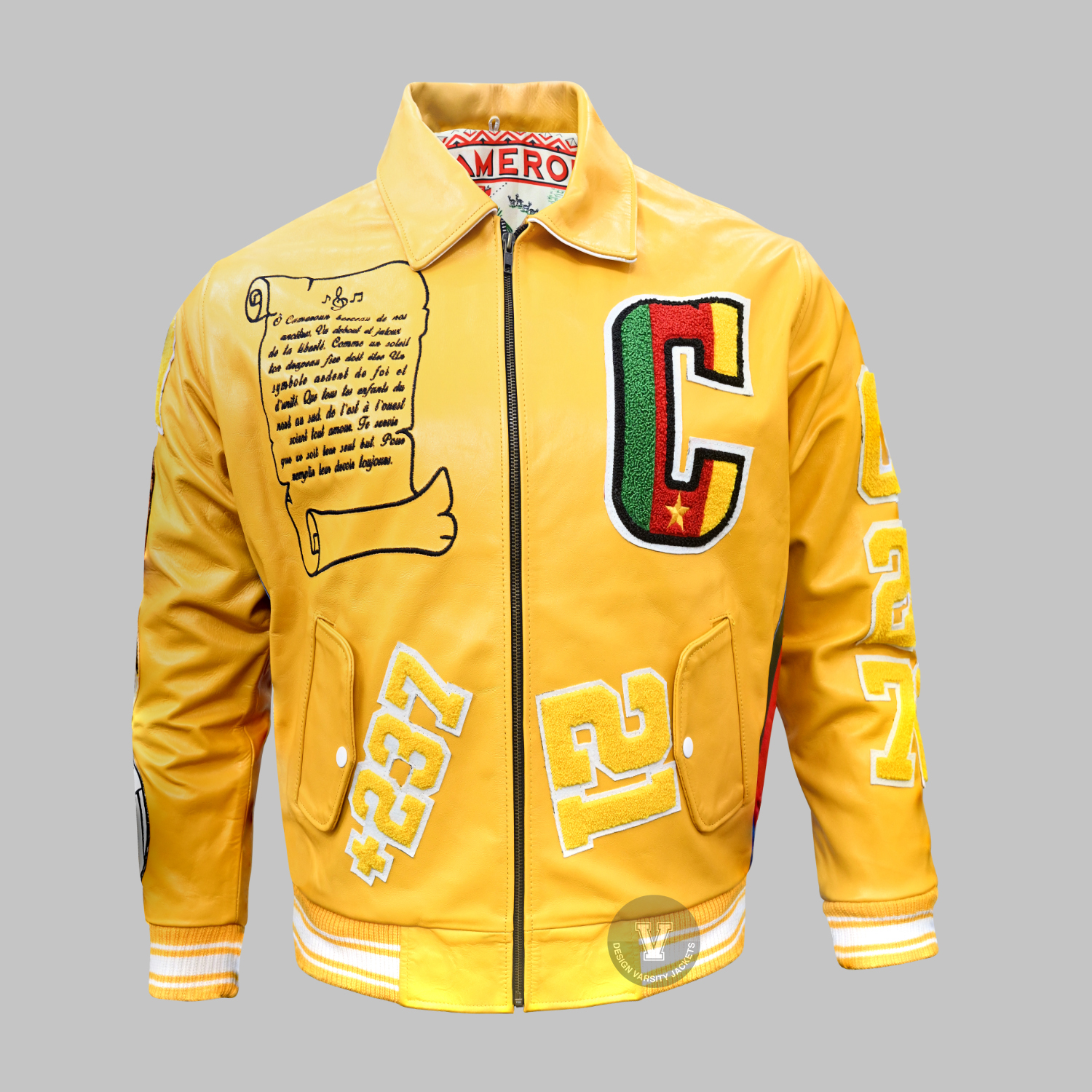Front view of embroidered patches varsity jacket in wool and leather design