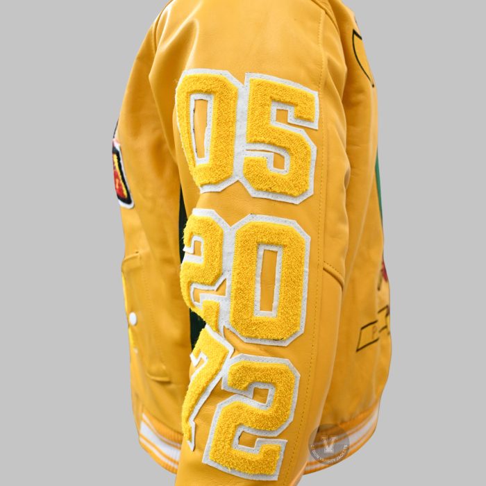 Close-up of embroidered letterman jacket featuring chenille initials and stitching