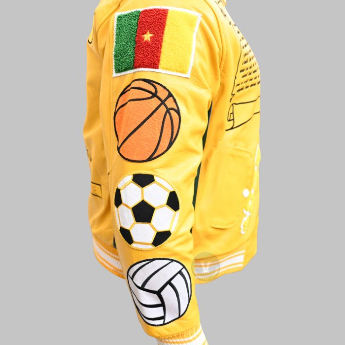 Close-up of embroidered letterman jacket featuring chenille logos and stitching