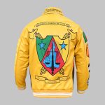 Back view of custom embroidered paches varsity jacket with team logo patch