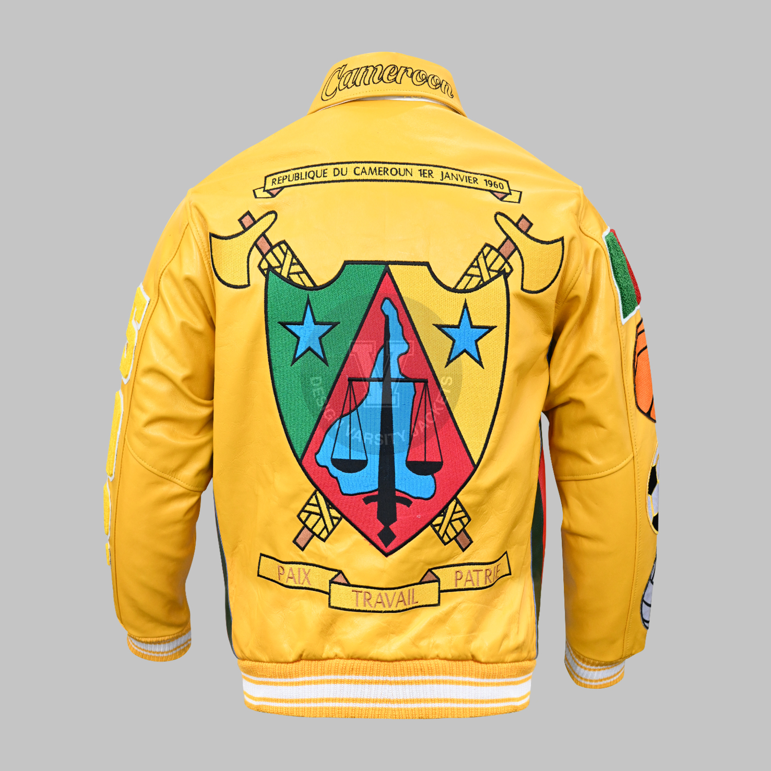 Back view of custom embroidered paches varsity jacket with team logo patch