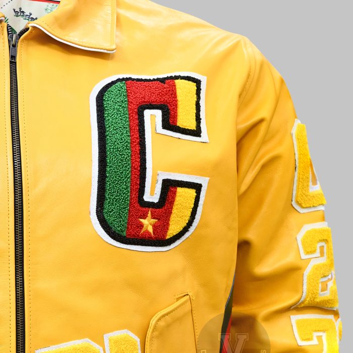 Close-up of embroidered letterman jacket featuring chenille initials