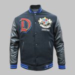 Front view of a custom embroidered patches varsity jacket in wool and leather