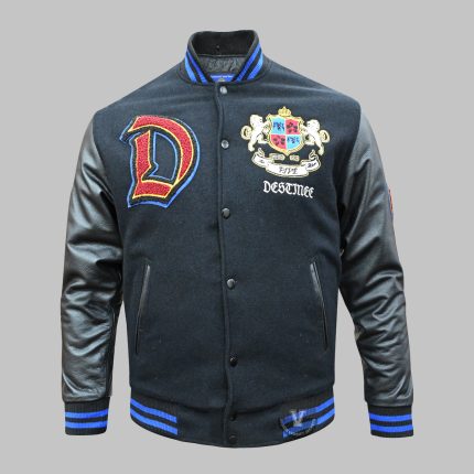 Front view of a custom embroidered patches varsity jacket in wool and leather