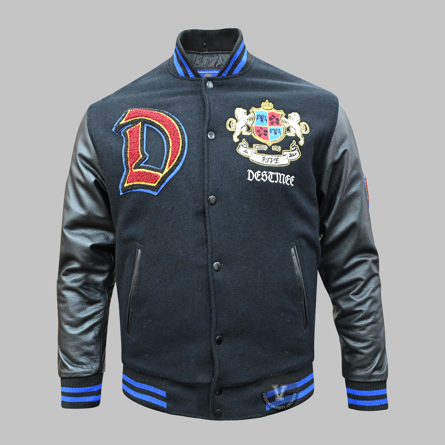Front view of a custom embroidered patches varsity jacket in wool and leather