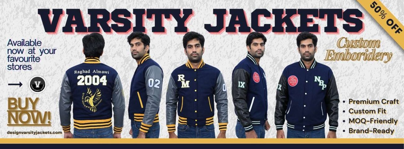Navy Blue Varsity Jacket with Embroidery