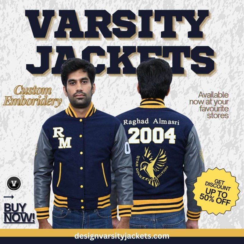 Navy Blue Varsity Jacket with Embroidery