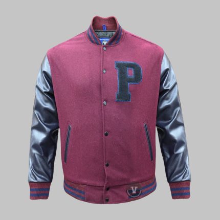 Front view of embroidered patches varsity jacket in wool and leather design