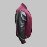 side view of embroidered patches varsity jacket in wool and leather design