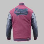 Back view of custom embroidered paches varsity jacket with team logo patch