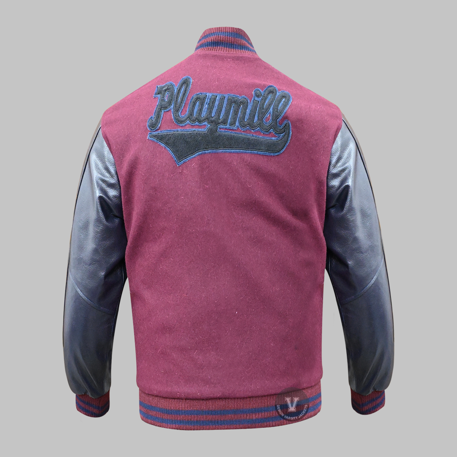 Back view of custom embroidered paches varsity jacket with team logo patch