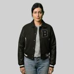 Black Varsity Embroidered Jacket – Cropped Letterman Style with Custom Embroidery