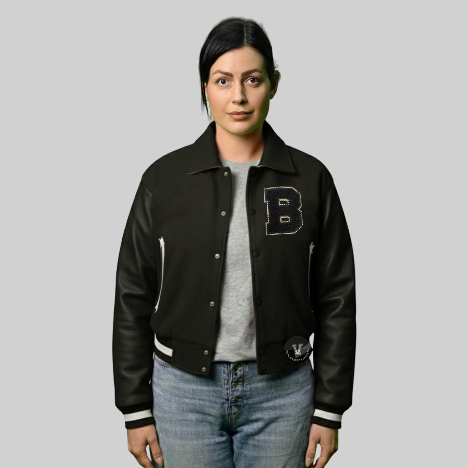 Black Varsity Embroidered Jacket – Cropped Letterman Style with Custom Embroidery