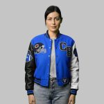 Blue Varsity Embroidered Jacket | Custom Patches Letterman Jacket | Personalized Wool & Leather Varsity front