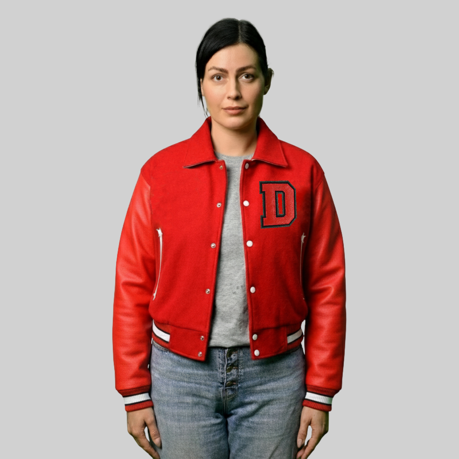 Red Varsity Embroidered Jacket | Custom Cropped Letterman Jacket front