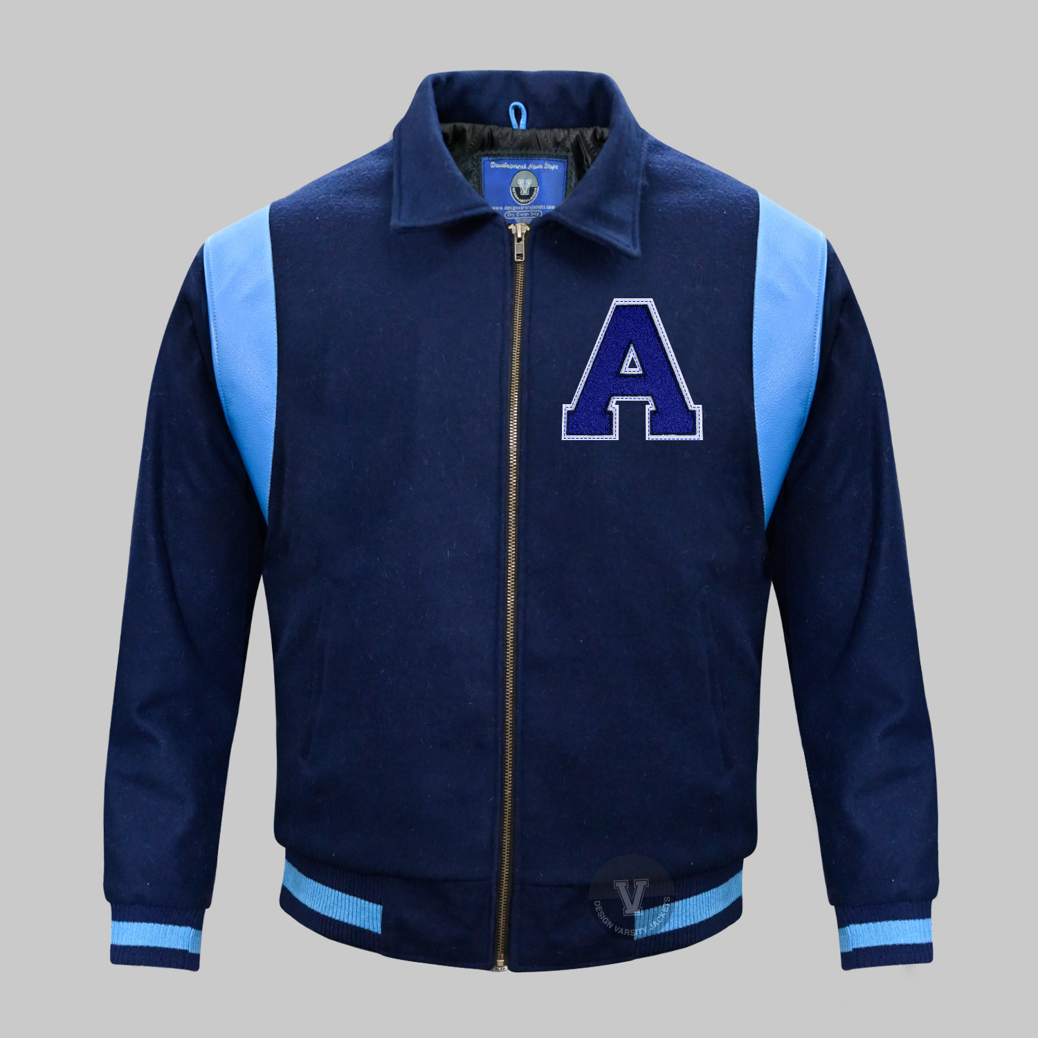 Blue Varsity Shoulder Jacket | Custom Letterman Jacket with Leather Shoulders front