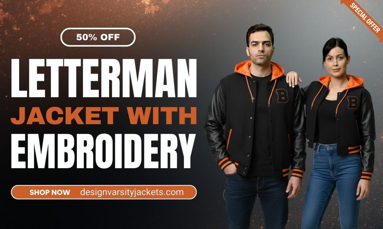 Navy Blue Letterman Jacket With Embroidery