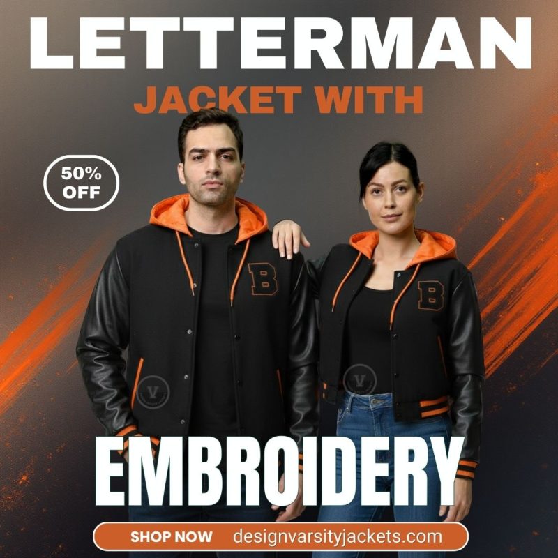 Navy Blue Letterman Jacket With Embroidery