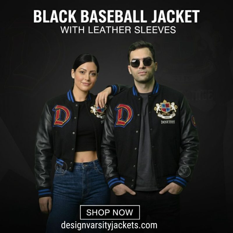 Black Baseball Jacket With Leather Sleeves