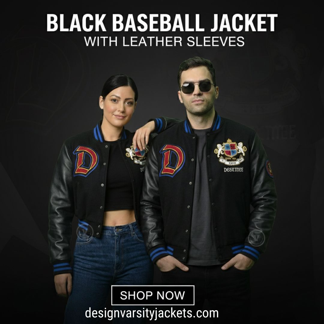 Black Baseball Jacket With Leather Sleeves