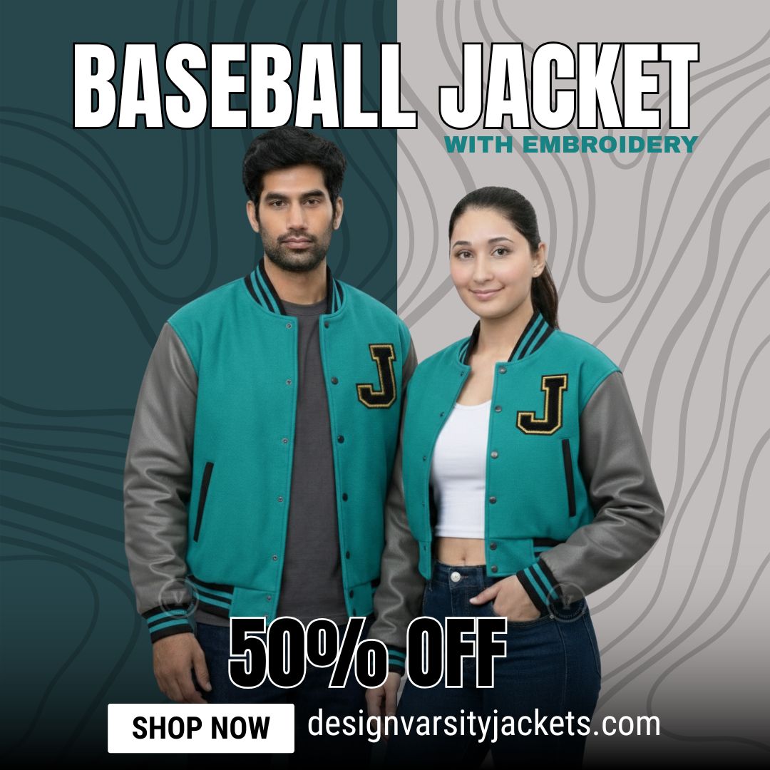 Teal Grey Baseball Jacket With Embroidery