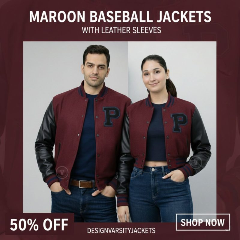 Maroon Baseball Jackets With Leather Sleeves