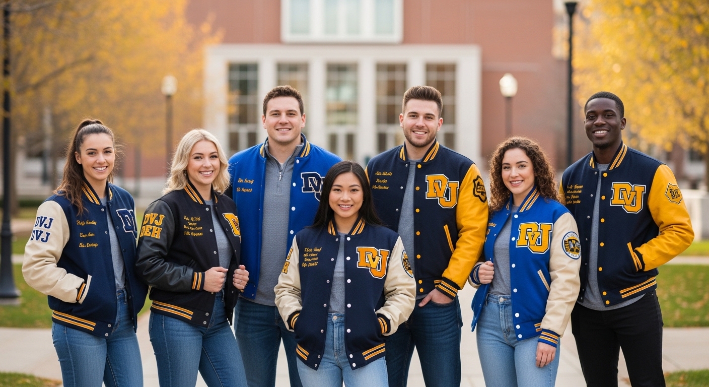 A diverse group of college students wearing custom navy, yellow, and black varsity jackets with personalized embroidery on campus