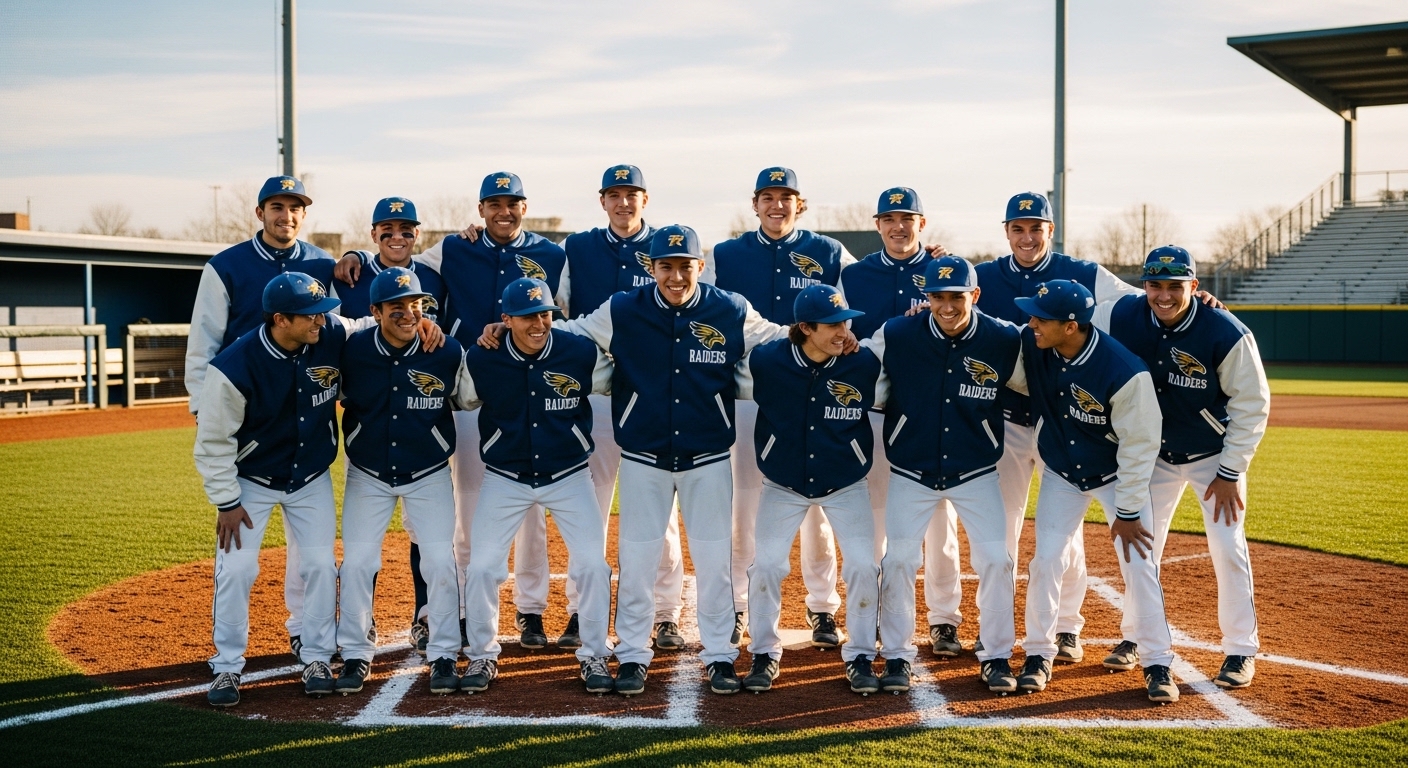 A high school baseball team posing on the field wearing matching custom navy and white varsity letterman jackets